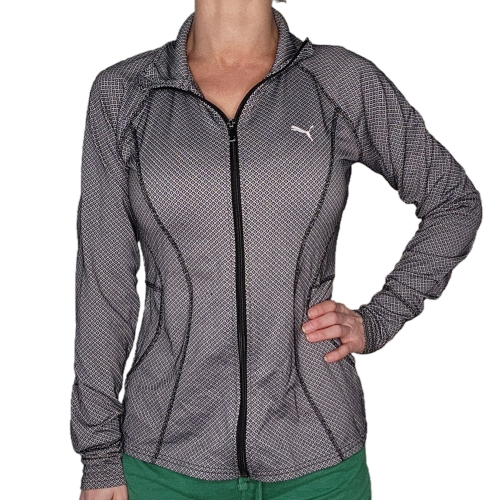 Puma Black&White Zip-Up Jacket Geometric Thumb Hole Activewear Small